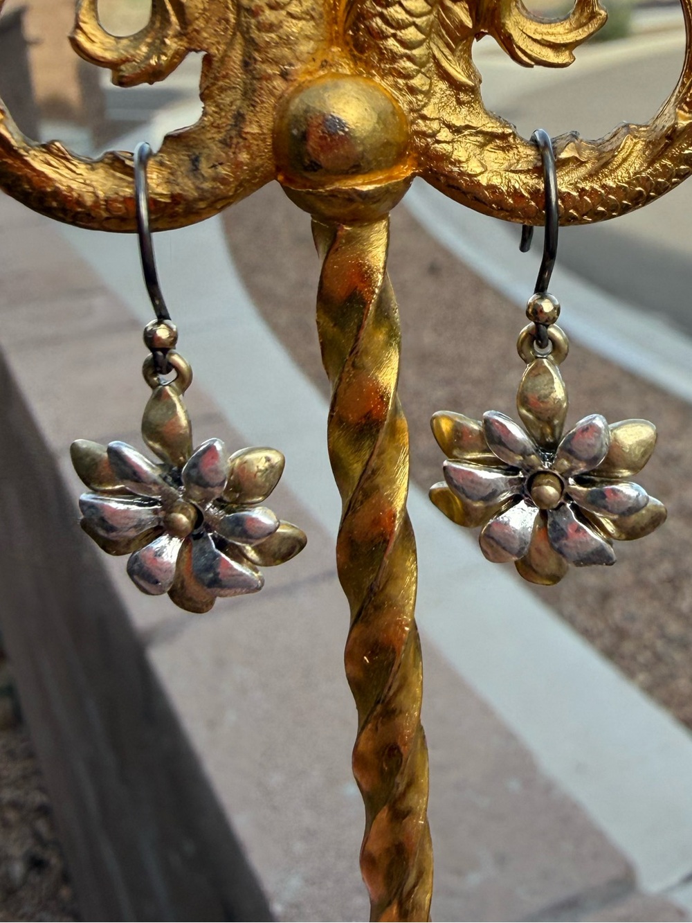 Artisan Mixed Metal Flower Dangle Earrings Two Tone Brass Silver Floral Drop
